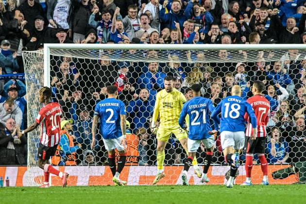 Rangers v Athletic Bilbao UEFA Europa League Liam Kelly of Rangers makes a save from Alex Berenguer™s penalty kick and celebrates with teammates during the UEFA Europa League Quarter-final First Leg match at Ibrox Stadium, Glasgow UK Newspapers OUT Copyright: xJamiexJohnstonx FIL-21689-0193