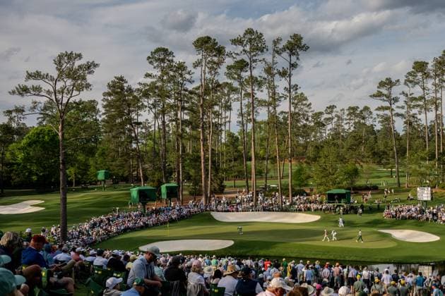250410 Akshay Bhatia of the United States, Ludvig Aberg of Sweden and Rory McIlroy of Northern Ireland on the 16th green during the first round of the 2025 Masters Golf Tournament on April 10, 2025 in Augusta. Photo: Petter Arvidson BILDBYRAN kod PA PA1007 bbeng golf masters the masters augusta us masters sverige Copyright: PETTERxARVIDSON BB250410PA231