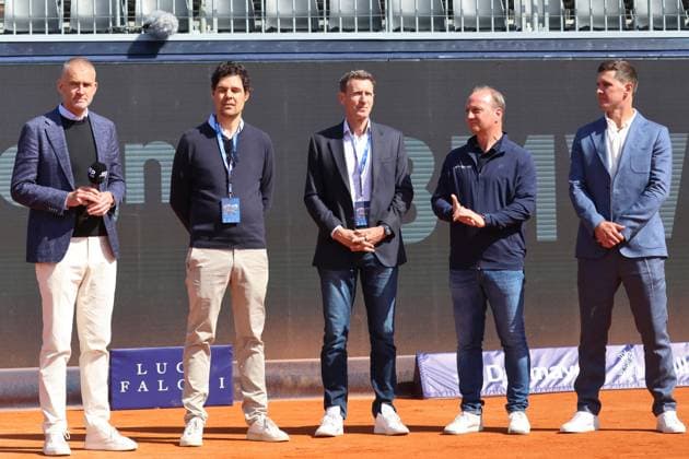 Auftakt-PK, v.l. Christian Ach, Leiter BMW Deutschland, Dr. Fabian Tross, Vorsitzender MTTC Iphitos, Patrik Kühnen, Turnierdirektor BMW Open by Bitpanda, Mischa Zverev, Turnierdirektor Allianz Para Trophy, Christian Okon, Veranstalter MMP Event, Pressekonferenz auf neuem Center Court Tennis BMW Open by Bitpanda ATP, Tennis Herren 500 München Auftakt-PK 11.04.2025 FOTO: Mladen Lackovic LakoPress