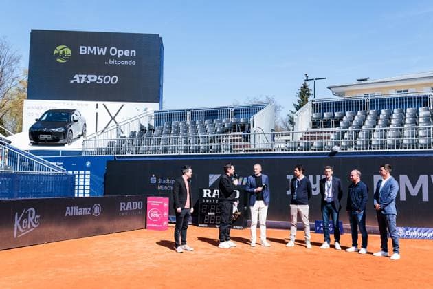 BMW Open München ATP, Tennis Herren 500: Eröffnungspressekonferenz; 11.04.2025 Christian Ach, Leiter BMW Deutschland, Dr. Fabian Tross, Vorsitzender MTTC Iphitos, Patrik Kühnen, Turnierdirektor BMW Open by Bitpanda, Christian Okon, Veranstalter MMP Event, Mischa Zverev, Turnierdirektor Allianz Para Trophy während der Pressekonferenz BMW Open by Bitpanda München ATP 500: Eröffnungspressekonferenz, München, MTTC Iphitos am 11.04.2025 Copyright: xBEAUTIFULxSPORTS Wunderlx