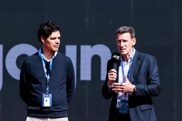 BMW Open München ATP, Tennis Herren 500: Eröffnungspressekonferenz; 11.04.2025 Dr. Fabian Tross, Vorsitzender MTTC Iphitos, Patrik Kühnen, Turnierdirektor BMW Open by Bitpanda während der Pressekonferenz BMW Open by Bitpanda München ATP 500: Eröffnungspressekonferenz, München, MTTC Iphitos am 11.04.2025 Copyright: xBEAUTIFULxSPORTS Wunderlx