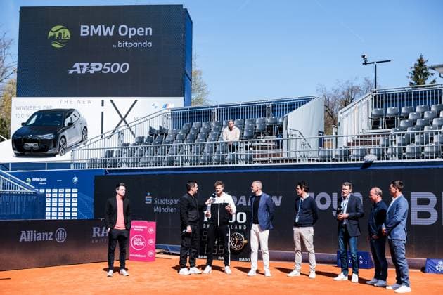 BMW Open München ATP, Tennis Herren 500: Eröffnungspressekonferenz; 11.04.2025 Yannick Hanfmann (Deutschland), Christian Ach, Leiter BMW Deutschland, Dr. Fabian Tross, Vorsitzender MTTC Iphitos, Patrik Kühnen, Turnierdirektor BMW Open by Bitpanda, Christian Okon, Veranstalter MMP Event, Mischa Zverev, Turnierdirektor Allianz Para Trophy während der Pressekonferenz BMW Open by Bitpanda München ATP 500: Eröffnungspressekonferenz, München, MTTC Iphitos am 11.04.2025 Copyright: xBEAUTIFULxSPORTS Wunderlx