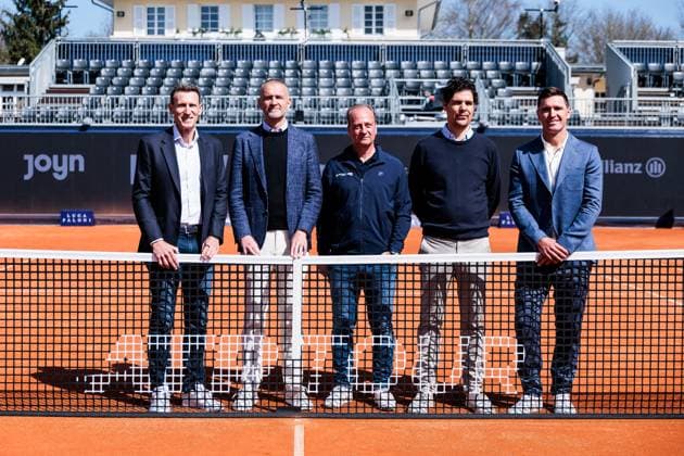 BMW Open München ATP, Tennis Herren 500: Eröffnungspressekonferenz; 11.04.2025 Gruppenfoto Patrik Kühnen, Turnierdirektor BMW Open by Bitpanda, Christian Ach, Leiter BMW Deutschland, Christian Okon, Veranstalter MMP Event, Dr. Fabian Tross, Vorsitzender MTTC Iphitos und Mischa Zverev, Turnierdirektor Allianz Para Trophy BMW Open by Bitpanda München ATP 500: Eröffnungspressekonferenz, München, MTTC Iphitos am 11.04.2025 Copyright: xBEAUTIFULxSPORTS Wunderlx