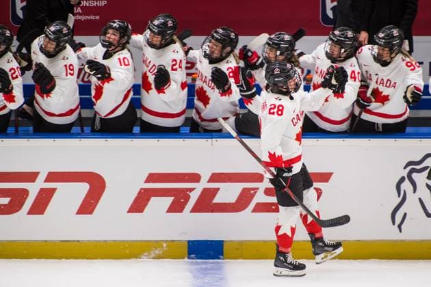 Micah Zandee-Hart of Canada celebrates a goal with her teammates during the Ice hockey, Eishockey IIHF WomenÂ s World Championship, WM, Weltmeisterschaft Group A, match Switzerland vs Canada, Ceske Budejovice, Czech Republic, April 11, 2025. (CTKxPhoto PetrxSkrivanek) CTKPhotoP2025041106000  CTKPhotoP2025041106000