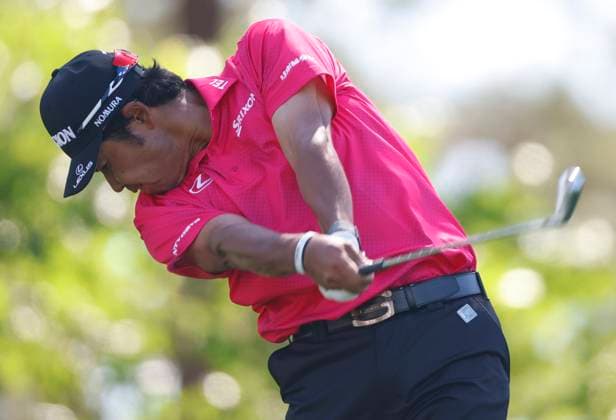 Hideki Matsuyama of Japan tees off on the fourth hole during round two of the 2025 Masters golf tournament at Augusta National Golf Club in Augusta, Georgia, on Friday, April 11, 2025.  AUG20250411538 JOHNxANGELILLO