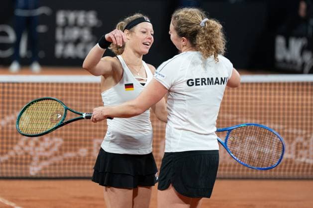 Sport Themen der Woche KW15 Sport Bilder des Tages 2025-04-11 Great Britain v Germany - Billie Jean King Cup Qualifier THE HAGUE, NETHERLANDS - APRIL 11: Laura Siegemund of Germany and Anne-Lena Friedsam of Germany during the Billie Jean King Cup Qualifier match between Great Britain and Germany at Sportcampus Zuiderpark on April 11, 2025 in The Hague, Netherlands. (Photo by Marleen Fouchier BSR Agency) The Hague Netherlands Content not available for redistribution in The Netherlands directly or indirectly through any third parties. Copyright: xBSRxAgencyx