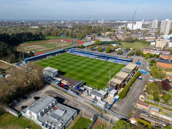 Football - FA Women™s FA Cup - Semi-Final - Chelsea FC Women v Liverpool FC Women LONDON, ENGLAND - Saturday, April 12, 2025: An aerial view of the stadium ahead of the FA Women™s FA Cup Semi-Final match between Chelsea FC Women and Liverpool FC Women at Kingsmeadow. (Photo by David Rawcliffe Propaganda) LONDON Kingsmeadow GREATER LONDON ENGLAND  Copyright: xPropagandaxPhotoxAgencyx P2025-04-12-Chelsea_W_Liverpool_W-30