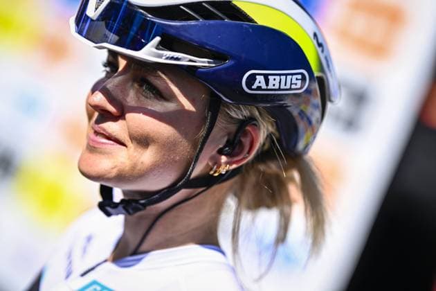 British Cat Ferguson of Movistar Team pictured before pictured at the start of the women s race of the Paris-Roubaix one day cycling race, 148,5 km from Denain to Roubaix, France, on Saturday 12 April 2025. JASPERxJACOBS  x120608798x