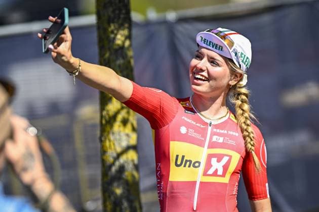 Danish Emilie Alberte Greve of Uno-X Mobility pictured before pictured at the start of the women s race of the Paris-Roubaix one day cycling race, 148,5 km from Denain to Roubaix, France, on Saturday 12 April 2025. JASPERxJACOBS  x120609246x