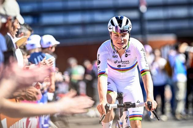 Belgian Lotte Kopecky of SD Worx-Protime pictured before pictured at the start of the women s race of the Paris-Roubaix one day cycling race, 148,5 km from Denain to Roubaix, France, on Saturday 12 April 2025. JASPERxJACOBS  x120609681x