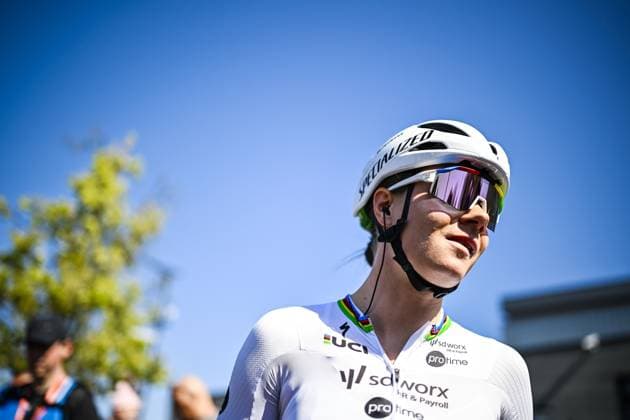 Belgian Lotte Kopecky of SD Worx-Protime pictured before pictured at the start of the women s race of the Paris-Roubaix one day cycling race, 148,5 km from Denain to Roubaix, France, on Saturday 12 April 2025. JASPERxJACOBS  x120609749x
