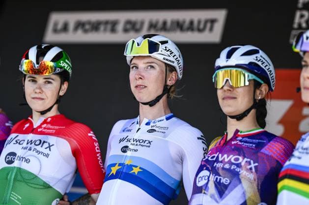 Dutch Lorena Wiebes of SD Worx-Protime pictured before pictured at the start of the women s race of the Paris-Roubaix one day cycling race, 148,5 km from Denain to Roubaix, France, on Saturday 12 April 2025. JASPERxJACOBS  x120609831x