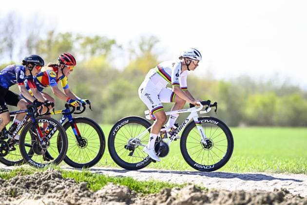 Belgian Lotte Kopecky of SD Worx-Protime pictured in action during the women s race of the Paris-Roubaix one day cycling race, 148,5 km from Denain to Roubaix, France, on Saturday 12 April 2025. JASPERxJACOBS  x120618165x