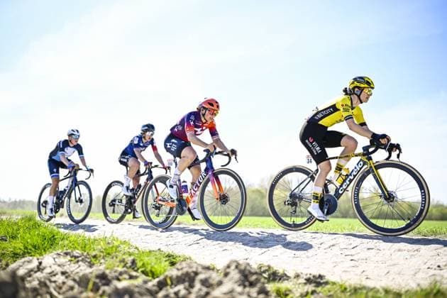 French Margaux Vigie of Team Visma-Lease a Bike pictured in action during the women s race of the Paris-Roubaix one day cycling race, 148,5 km from Denain to Roubaix, France, on Saturday 12 April 2025. JASPERxJACOBS  x120618305x