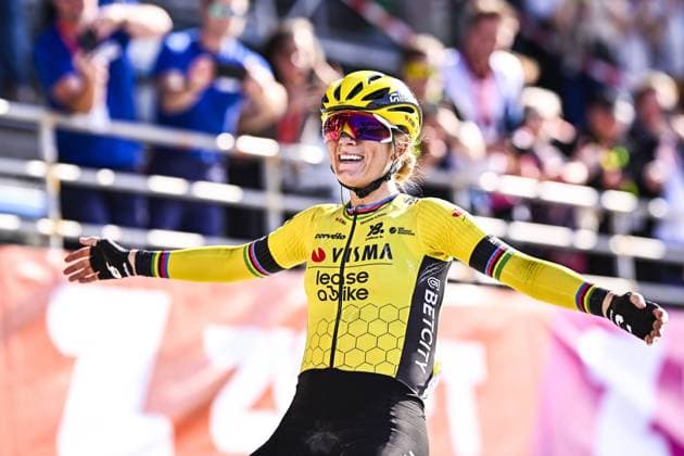 French Pauline Ferrand Prevot of Team Visma-Lease a Bike celebrates as she crosses the finish line to win the women s race of the Paris-Roubaix one day cycling race, 148,5 km from Denain to Roubaix, France, on Saturday 12 April 2025. JASPERxJACOBS  x120624068x