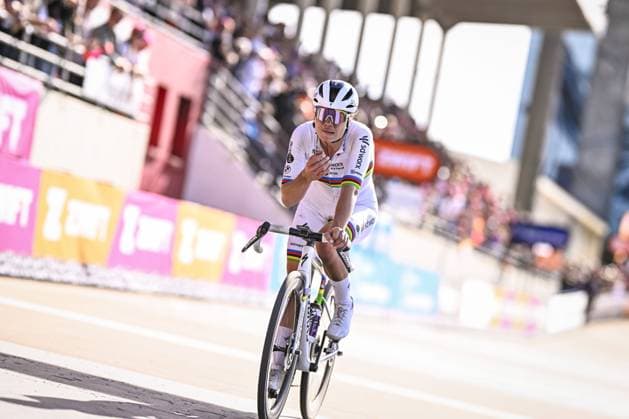 Belgian Lotte Kopecky of SD Worx-Protime crosses the finish line of the women s race of the Paris-Roubaix one day cycling race, 148,5 km from Denain to Roubaix, France, on Saturday 12 April 2025. JASPERxJACOBS  x120626383x