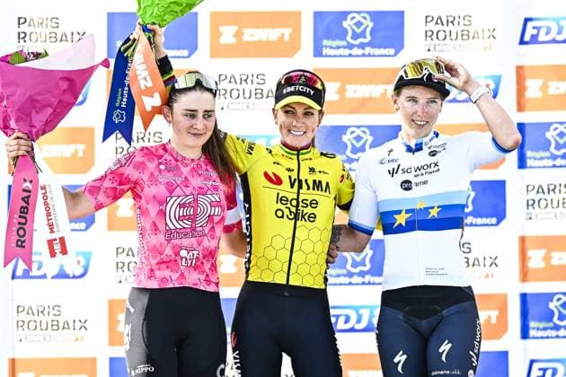 Italian Letizia Borghesi of EF Education-Oatly, French Pauline Ferrand Prevot of Team Visma-Lease a Bike and Dutch Lorena Wiebes of SD Worx-Protime pictured on the podium after the women s race of the Paris-Roubaix one day cycling race, 148,5 km from Denain to Roubaix, France, on Saturday 12 April 2025. JASPERxJACOBS  x120626612x