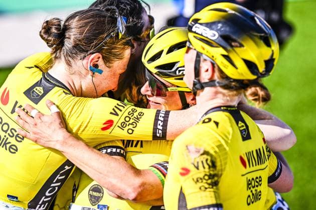 French Pauline Ferrand Prevot of Team Visma-Lease a Bike and Dutch Marianne Vos of Team Visma-Lease a Bike celebrate after winning the women s race of the Paris-Roubaix one day cycling race, 148,5 km from Denain to Roubaix, France, on Saturday 12 April 2025. JASPERxJACOBS  x120626846x