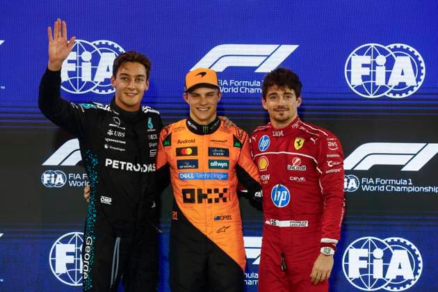 Manama, Bahrain : FIA F1 GP of Bahrain, No. 63 George Russel (GBR), Mercedes-AMG PETRONAS Formula One Team, Mercedes-AMG F1 W16 E Performance, No. 81 Oscar Piastri (AUS), McLaren MCL39, Mercedes, No. 16 Charles Leclerc (FRA), Scuderia Ferrari HP, Ferrari SF-25, Ferrari (l-r) Manama Bahrain