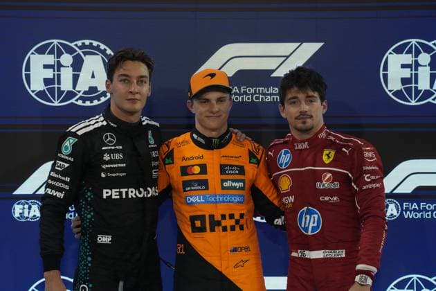 12.04.2025, Bahrain International Circuit, Sakhir, Formula 1 Gulf Air Bahrain Grand Prix 2025 ,im Bild Poleposition für Oscar Piastri (AUS), McLaren F1 Team, 2.Startplatz für George Russell (GBR), Mercedes-AMG Petronas Formula One Team, 3.Startplatz für Charles Leclerc (MCO), Scuderia Ferrari HP (Photo by Hasan Bratic DeFodi Images)