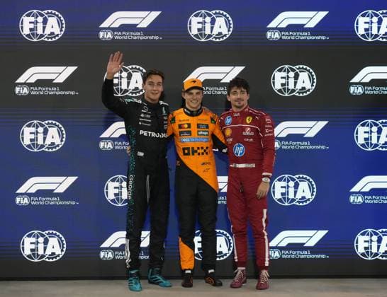 12.04.2025, Bahrain International Circuit, Sakhir, Formula 1 Gulf Air Bahrain Grand Prix 2025 ,im Bild Poleposition für Oscar Piastri (AUS), McLaren F1 Team, 2.Startplatz für George Russell (GBR), Mercedes-AMG Petronas Formula One Team, 3.Startplatz für Charles Leclerc (MCO), Scuderia Ferrari HP (Photo by Hasan Bratic DeFodi Images)