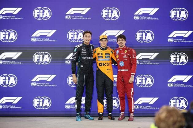 F1 - BAHRAIN GRAND PRIX 2025 PIASTRI Oscar (aus), McLaren F1 Team MCL39, portrait LECLERC Charles (mco), Scuderia Ferrari SF-25, portrait RUSSELL George (gbr), Mercedes AMG F1 Team W16, portrait during the Formula 1 Gulf Bahrain Grand Prix 2025, 4th round of the 2025 FIA Formula One World Championship, WM, Weltmeisterschaft from April 11 to 13, 2025 on the Bahrain International Circuit, in Sakhir, Bahrain - Copyright: xEricxAlonsox