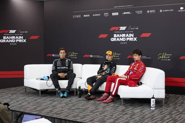 F1 - BAHRAIN GRAND PRIX 2025 RUSSELL George (gbr), Mercedes AMG F1 Team W16, portrait PIASTRI Oscar (aus), McLaren F1 Team MCL39, portrait LECLERC Charles (mco), Scuderia Ferrari SF-25, portrait press conference, PK, Pressekonferenz during the Formula 1 Gulf Bahrain Grand Prix 2025, 4th round of the 2025 FIA Formula One World Championship, WM, Weltmeisterschaft from April 11 to 13, 2025 on the Bahrain International Circuit, in Sakhir, Bahrain - Copyright: xEricxAlonsox