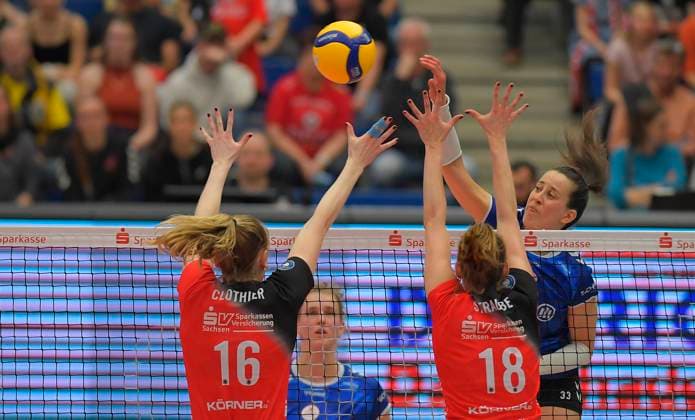 12.04.2025, Dresdens Sarah Straube und Dresdens Emma Clothier mit Stuttgarts Maria Segura Palleres, Volleyball, play off Halbfinale, best of three, Dresdner SC - MTV Stuttgart 3:2, (c) Dresden Sachsen