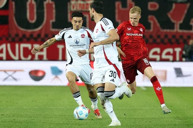 12.04.2025, xrekx, Fussball 2.Bundesliga, 1.FC Kaiserslautern - 1.FC Nürnberg v.l. Jens Castrop (1.FC Nuernberg) Tim Breithaupt (1.FC Kaiserslautern) (DFL DFB REGULATIONS PROHIBIT ANY USE OF PHOTOGRAPHS as IMAGE SEQUENCES and or QUASI-VIDEO) Kaiserslautern