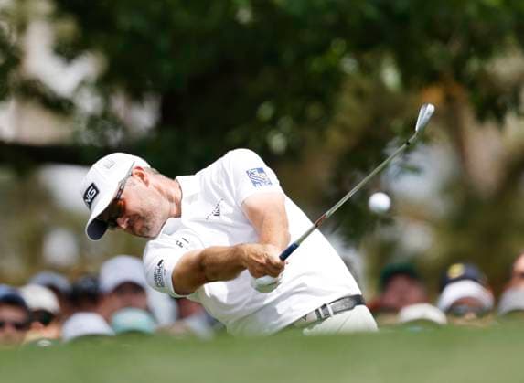 Corey Connors of Canada hits his teel shot on the 4th hole during the third round of the 2025 Masters golf tournament at Augusta National Golf Club in Augusta, Georgia, on Saturday, April 12, 2025.  AUG20250412518 JOHNxANGELILLO