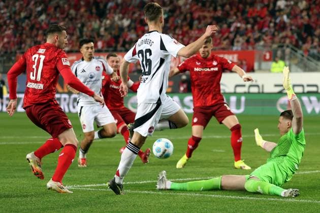 12.04.2025, xrekx, Fussball 2.Bundesliga, 1.FC Kaiserslautern - 1.FC Nürnberg v.l. Lukas Schleimer (1.FC Nuernberg) Julian Krahl (1.FC Kaiserslautern) (DFL DFB REGULATIONS PROHIBIT ANY USE OF PHOTOGRAPHS as IMAGE SEQUENCES and or QUASI-VIDEO) Kaiserslautern
