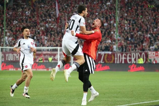 12.04.2025, xmohx, Fussball 2.Bundesliga, 1.FC Kaiserslautern - 1.FC Nürnberg v.l. Torjubel nach dem Tor zum celebrating the goal celebrate 0:2 durch Mahir Emreli (1.FC Nuernberg) (DFL DFB REGULATIONS PROHIBIT ANY USE OF PHOTOGRAPHS as IMAGE SEQUENCES and or QUASI-VIDEO) Kaiserslautern