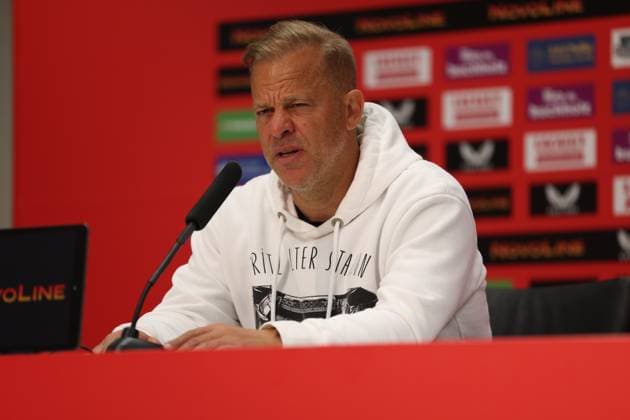 12.04.2025, xrekx, Fussball 2.Bundesliga, 1.FC Kaiserslautern - 1.FC Nürnberg v.l. Pressekonferenz Markus Anfang Trainer (1.FC Kaiserslautern) (DFL DFB REGULATIONS PROHIBIT ANY USE OF PHOTOGRAPHS as IMAGE SEQUENCES and or QUASI-VIDEO) Kaiserslautern
