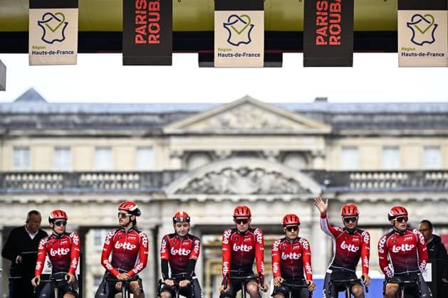 Lotto Cycling Team riders pictured at the start of the men elite race of the Paris-Roubaix one day cycling race, 259,2 km from Compiegne to Roubaix, France, on Sunday 13 April 2025. JASPERxJACOBS  x120696102x