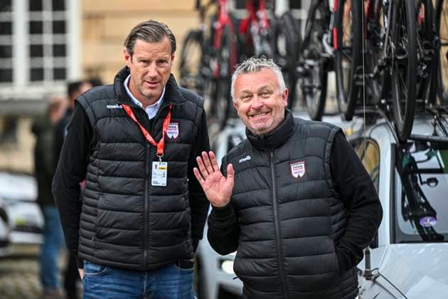 Paris Roubaix 2025 Cycling Race Roubaix, France - April 13 : Bourlart Jean-Francois (BEL) General manager of Intermarche - Wanty and Visbeek Aike Performance Manager of Intermarche - Wanty during the 122nd edition of Paris Roubaix an UCI World Tour cycling race for Men Elite of 259,7 kms with start in Compiegne and finish at the Velodrome Andre-Petrieux in Roubaix on April 13, 2025 in Roubaix, France, 13 04 2025 ( Motordriver Kenny Verfaillie - Roubaix France  Copyright: xVincentxKalutx