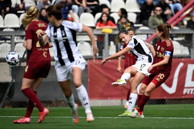 Emma Stolen Godo of Juventus FC scores the goal of 0-1 during the Women s Serie A 2024 2025 play off football Emma Stolen Godo of Juventus FC match between AS Roma and Juventus FC at Tre Fontane stadium in Roma (Italy), April 13, 2025. AndreaxStaccioli