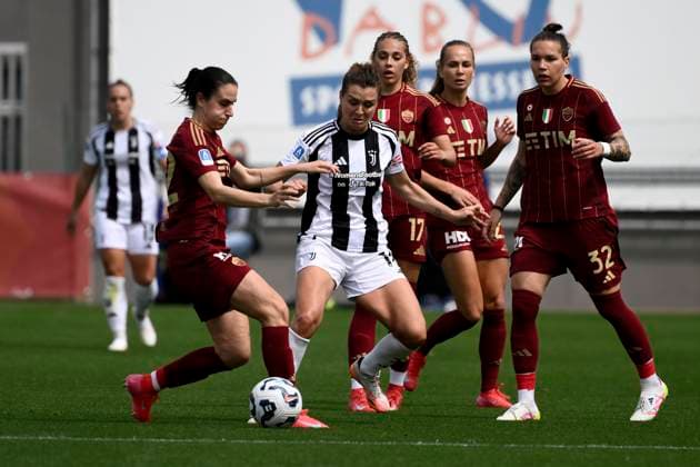 Marta Pandini of AS Roma and Cristiana Girelli of Juventus FC during the Women s Serie A 2024 2025 play off football match between AS Roma and Juventus FC at Tre Fontane stadium in Roma (Italy), April 13, 2025. AndreaxStaccioli