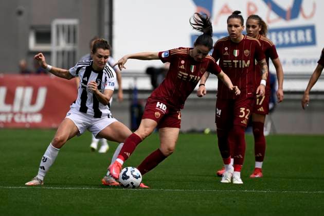 Cristiana Girelli of Juventus FC and Marta Pandini of AS Roma during the Women s Serie A 2024 2025 play off football match between AS Roma and Juventus FC at Tre Fontane stadium in Roma (Italy), April 13, 2025. AndreaxStaccioli
