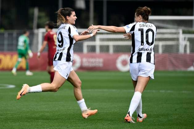 Sofia Cantore of Juventus FC celebrates with Cristiana Girelli after scoring the goal of 0-2 during the Women s Serie A 2024 2025 play off football match between AS Roma and Juventus FC at Tre Fontane stadium in Roma (Italy), April 13, 2025. AndreaxStaccioli