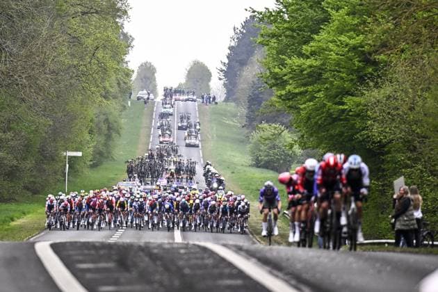 The peloton pictured in action during the men elite race of the Paris-Roubaix one day cycling race, 259,2 km from Compiegne to Roubaix, France, on Sunday 13 April 2025. JASPERxJACOBS  x120704311x