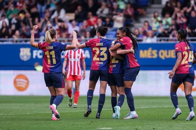 April 13, 2025, Sant Joan Despi, Barcelona, Spain: Patri Guijarro of FC Barcelona, Barca celebrates a goal with her teammates during the Spanish Women league, Liga F, football match played between FC Barcelona and Atletico de Madrid at Johan Cruyff Stadium on April 13, 2025 in Sant Joan Despi, Spain. Sant Joan Despi Spain - ZUMAa181 20250413_zaa_a181_018 Copyright: xJavierxBorregox