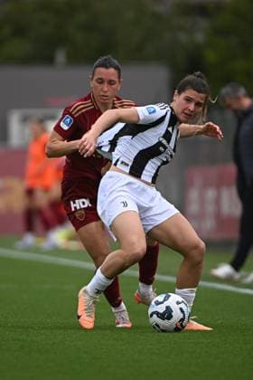 Sofia Cantore of Juventus F.C. Women and Lucia Di Guglielmo of A.S. Roma Women during the playoff of the Serie A Championship Women between A.S. Roma vs Juventus Women 13 April 2025 at the Tre Fontane Stadium in Rome.  Copyright: xMassimilianoxCervera IPAxSportx xipa-agency.netx xx IPA_56453348 IPA_Agency_IPA56453348