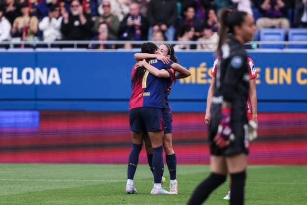 April 13, 2025, Sant Joan Despi, Barcelona, Spain: Salma Paralluelo of FC Barcelona, Barca celebrates a goal during the Spanish Women league, Liga F, football match played between FC Barcelona and Atletico de Madrid at Johan Cruyff Stadium on April 13, 2025 in Sant Joan Despi, Spain. Sant Joan Despi Spain - ZUMAa181 20250413_zaa_a181_043 Copyright: xJavierxBorregox