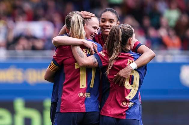 April 13, 2025, Sant Joan Despi, Barcelona, Spain: Caroline Graham Hansen of FC Barcelona, Barca celebrates a goal with her teammates during the Spanish Women league, Liga F, football match played between FC Barcelona and Atletico de Madrid at Johan Cruyff Stadium on April 13, 2025 in Sant Joan Despi, Spain. Sant Joan Despi Spain - ZUMAa181 20250413_zaa_a181_060 Copyright: xJavierxBorregox