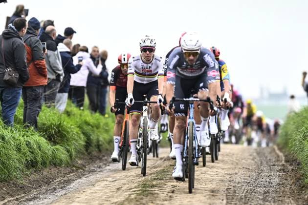 Slovenian Tadej Pogacar of UAE Team Emirates pictured in action during the men elite race of the Paris-Roubaix one day cycling race, 259,2 km from Compiegne to Roubaix, France, on Sunday 13 April 2025. JASPERxJACOBS  x120709368x