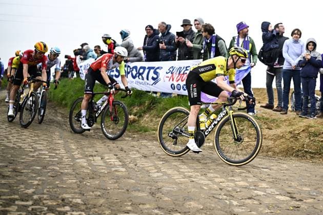 Belgian Julien Vermote of Team Visma-Lease a Bike pictured in action during the men elite race of the Paris-Roubaix one day cycling race, 259,2 km from Compiegne to Roubaix, France, on Sunday 13 April 2025. JASPERxJACOBS  x120709678x