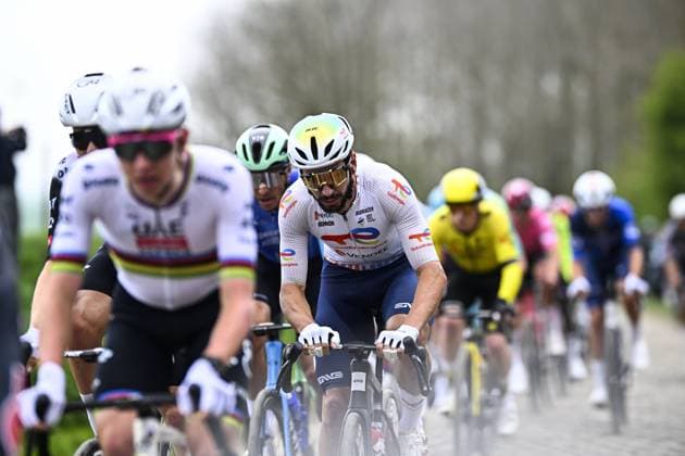 French Anthony Turgis of TotalEnergies pictured in action during the men elite race of the Paris-Roubaix one day cycling race, 259,2 km from Compiegne to Roubaix, France, on Sunday 13 April 2025. JASPERxJACOBS  x120709912x