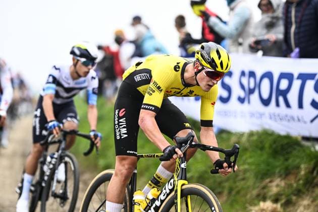 German Niklas Behrens of Team Visma-Lease a Bike pictured in action during the men elite race of the Paris-Roubaix one day cycling race, 259,2 km from Compiegne to Roubaix, France, on Sunday 13 April 2025. JASPERxJACOBS  x120711555x