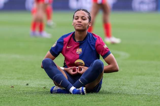 April 13, 2025, Sant Joan Despi, Barcelona, Spain: Vicky Lopez of FC Barcelona, Barca celebrates a goal during the Spanish Women league, Liga F, football match played between FC Barcelona and Atletico de Madrid at Johan Cruyff Stadium on April 13, 2025 in Sant Joan Despi, Spain. Sant Joan Despi Spain - ZUMAa181 20250413_zaa_a181_088 Copyright: xJavierxBorregox