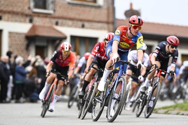 Danish Mads Pedersen of Lidl-Trek pictured in action during the men elite race of the Paris-Roubaix one day cycling race, 259,2 km from Compiegne to Roubaix, France, on Sunday 13 April 2025. JASPERxJACOBS  x120712689x